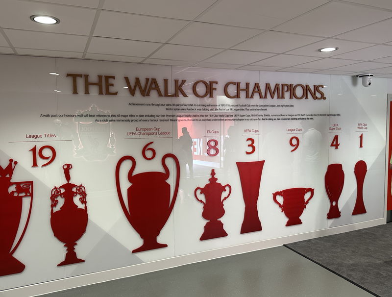 liverpool walk of champions anfield displaying 13 european trophies won by the club